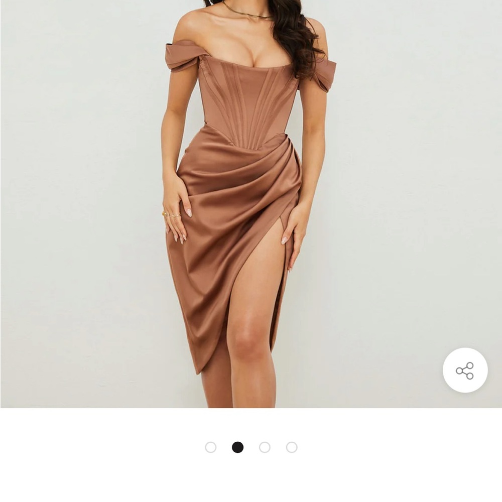 House of CB glossy satin off the shoulder draped midi dress